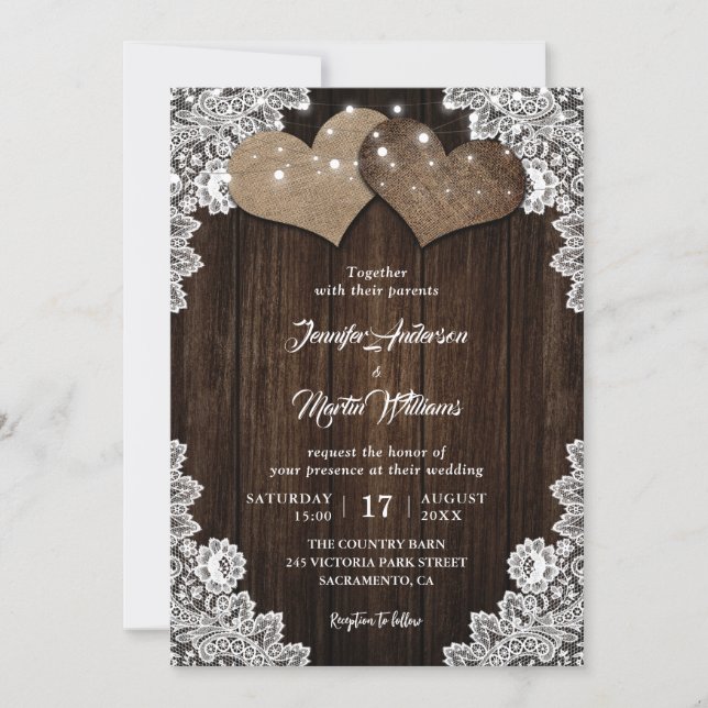 Romantic Burlap and Lace String Lights Wedding Invitation (Front)
