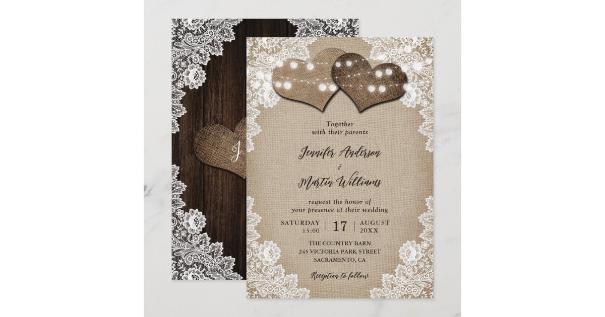 Romantic Burlap and Lace String Lights Wedding Invitation | Zazzle