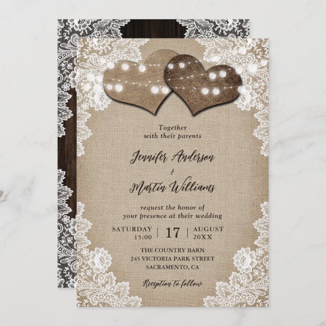 Romantic Burlap and Lace String Lights Wedding Invitation (Front/Back)
