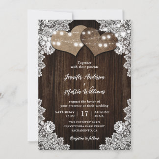 Romantic Burlap and Lace String Lights Wedding Invitation