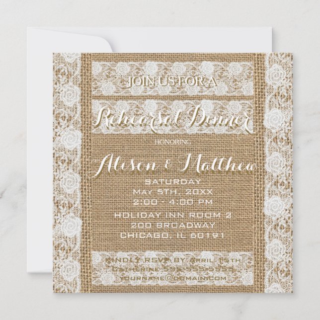 Romantic Burlap & Lace Rehearsal Dinner Invitation (Front)