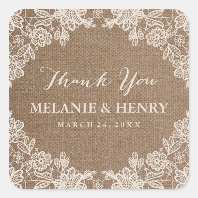 Romantic Burlap Lace Rustic Wedding Thank You Square Sticker | Zazzle