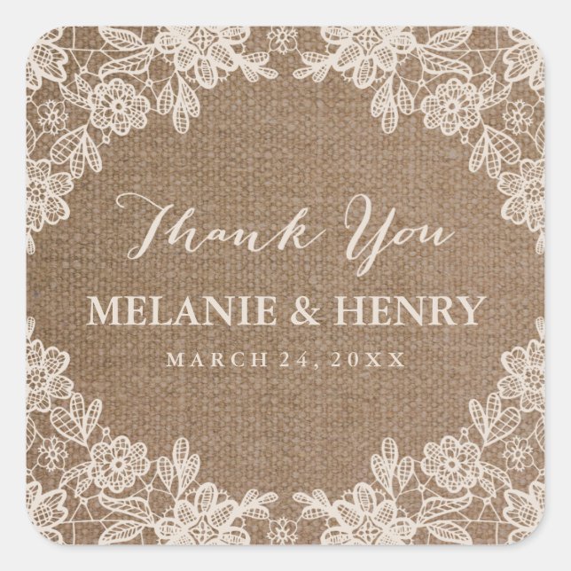 Romantic Burlap Lace Rustic Wedding Thank You Square Sticker (Front)