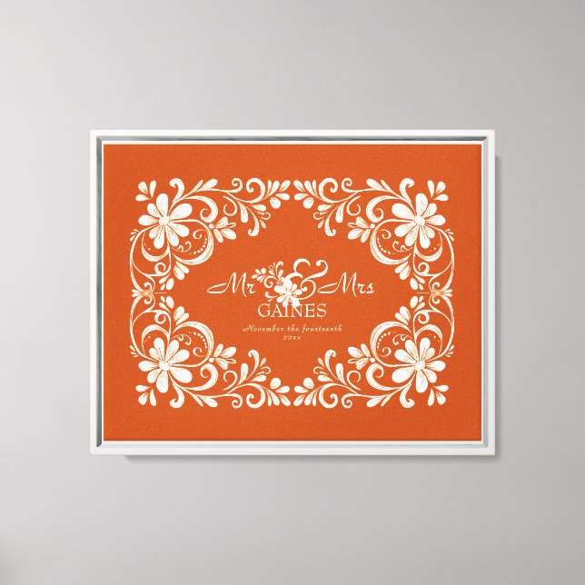 Romantic Burnt Orange Floral  Mr & Mrs Wedding Canvas Print (Front)