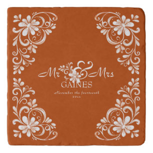 Romantic Burnt Orange Mr & Mrs Floral Wedding  Trivet