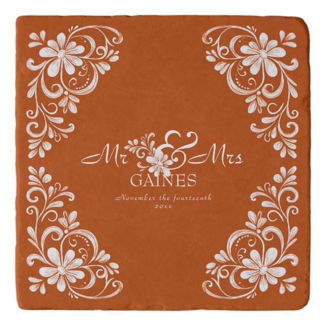 Romantic Burnt Orange Mr & Mrs Floral Wedding  Trivet (Front)