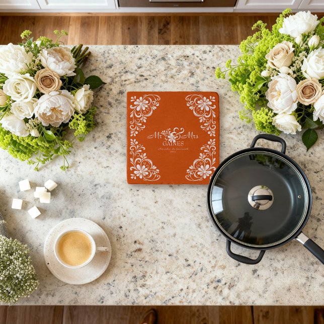 Romantic Burnt Orange Mr & Mrs Floral Wedding  Trivet (Creator Uploaded)