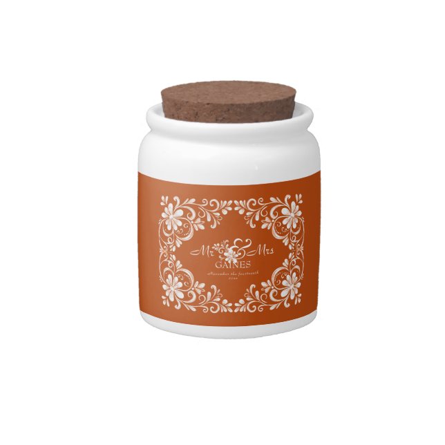 Romantic Burnt Orange Mr & Mrs Wedding Candy Jar (Front)