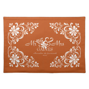 Romantic Burnt Orange Shabby Chic Mr Mrs Newlywed Cloth Placemat