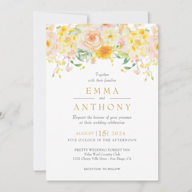 Romantic Butter Yellow Floral QR Code Wedding Invitation (Front)