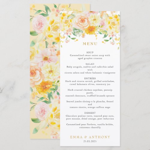 Romantic Butter Yellow Floral Watercolor Wedding Menu