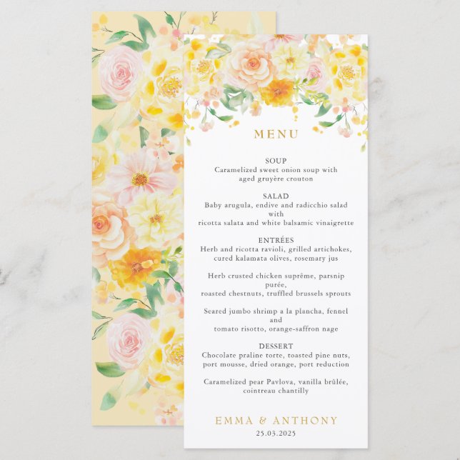 Romantic Butter Yellow Floral Watercolor Wedding Menu (Front/Back)