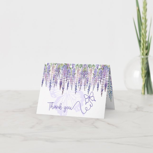 Romantic Butterfly & Wisteria Floral Wedding Thank You Card (Front)