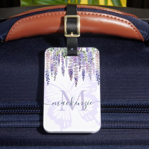 Romantic Butterfly  Wisteria Monogram Script Name Luggage Tag