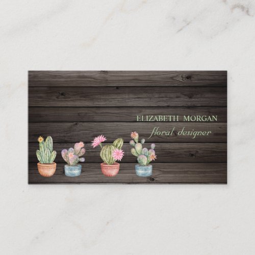 Romantic Cactus Dark Wood  Business Card