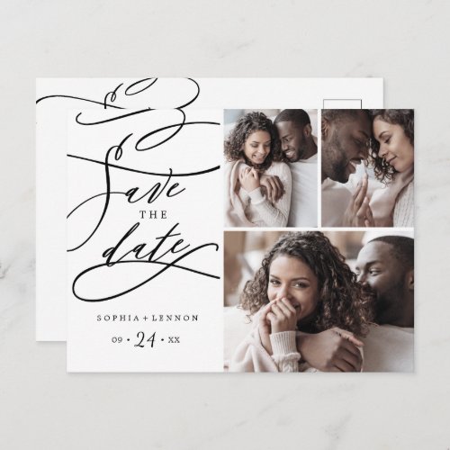 Romantic Calligraphy 3 Photo Save the Date Invitation Postcard