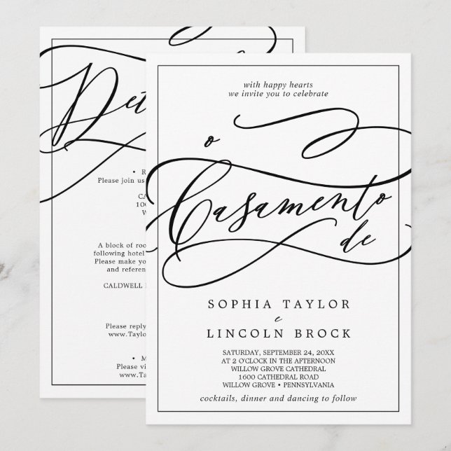 Romantic Calligraphy All In One Portuguese Wedding Invitation (Front/Back)