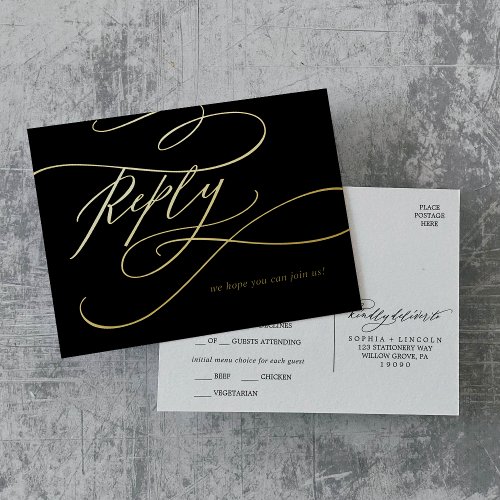 Romantic Calligraphy Black and Gold Foil Meal RSVP Foil Invitation Postcard