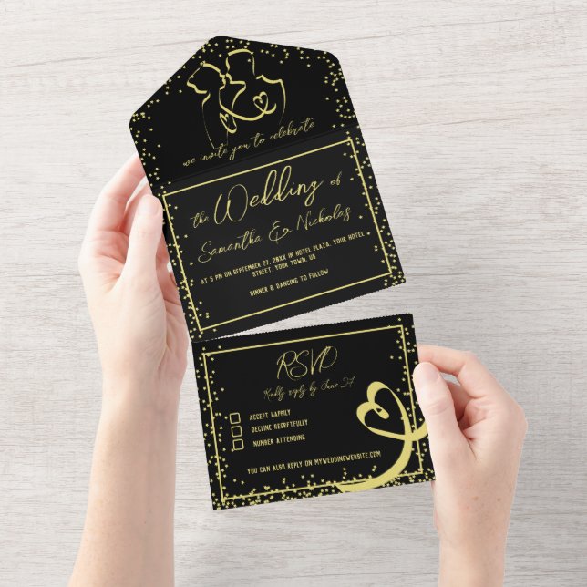Romantic Calligraphy Black & Gold Wedding All In One Invitation (Tearaway)