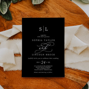 Romantic Calligraphy   Black Monogram Wedding Invitation