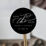 Romantic Calligraphy Black Save the Date Sticker<br><div class="desc">This romantic calligraphy black save the date sticker is perfect for a simple wedding. The modern classic design features fancy swirls and whimsical flourishes with gorgeous elegant hand lettered typography on a dark black background. Personalize the stickers with your names and wedding date.</div>