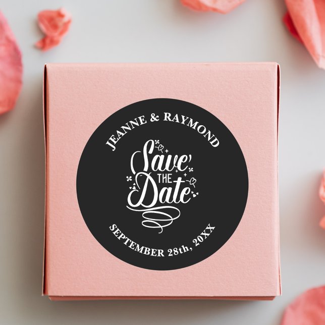 Romantic Calligraphy Black Save the Date Wedding Classic Round Sticker (Creator Uploaded)