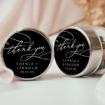 Romantic Calligraphy Black Thank You Favor Sticker<br><div class="desc">These romantic calligraphy black thank you favor stickers are perfect for a simple wedding reception. The modern classic design features fancy swirls and whimsical flourishes with gorgeous elegant hand lettered typography on a dark black background. Personalize the sticker labels with your names, the event (if applicable), and the date. These...</div>