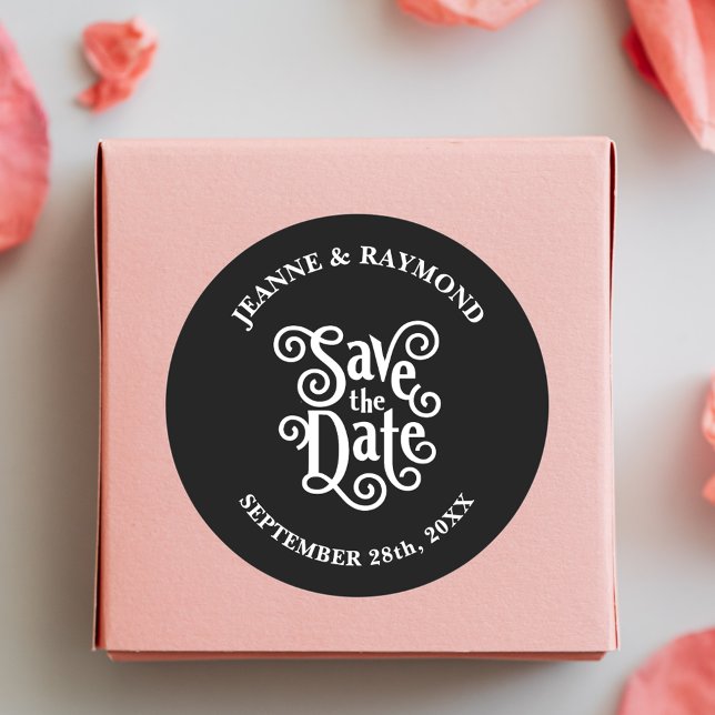 Romantic Calligraphy Black Wedding Save the Date Classic Round Sticker (Romantic black calligraphy sticker adds timeless elegance to wedding save the date mailings.)