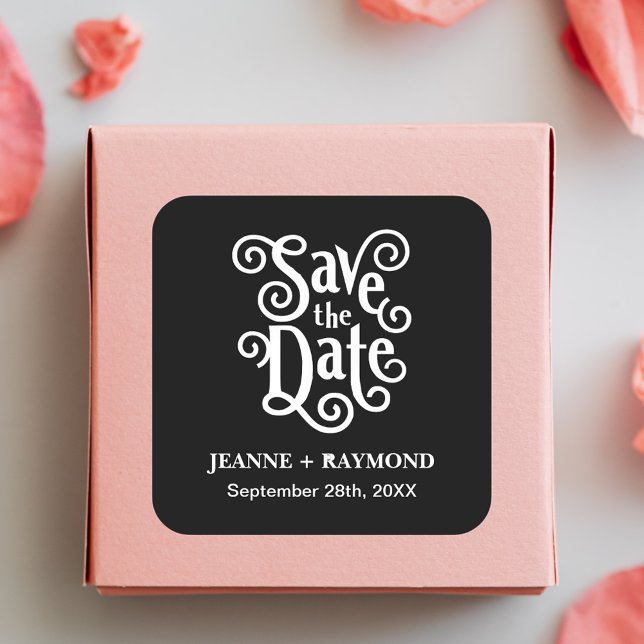 Romantic Calligraphy Black Wedding Save the Date Square Sticker (Romantic black calligraphy sticker adds timeless charm to wedding save the date mailings.)