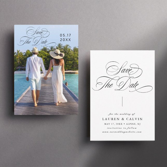 Romantic Calligraphy Black & White Photo Save The Date (Front & Back)