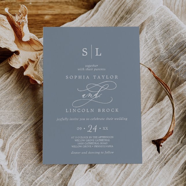 Romantic Calligraphy Blue & White Monogram Wedding Invitation (Creator Uploaded)