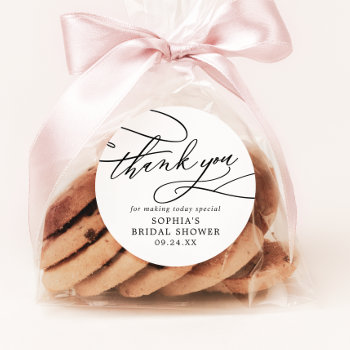 Romantic Calligraphy Bridal Shower Thank You Favor Classic Round Sticker by FreshAndYummy at Zazzle