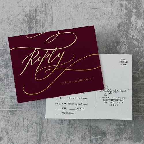 Romantic Calligraphy Burgundy Gold Foil Meal RSVP Foil Invitation Postcard
