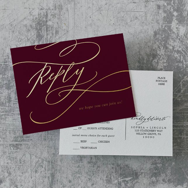 Romantic Calligraphy Burgundy Gold Foil Meal RSVP Foil Invitation Postcard (Romantic Calligraphy Burgundy Gold Foil Meal RSVP Foil Invitation Postcard)