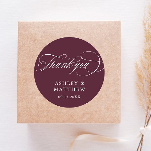 Romantic Calligraphy Burgundy Wedding Thank You Classic Round Sticker