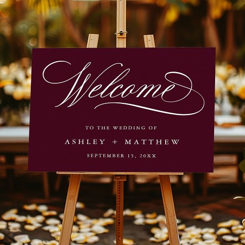 Romantic Calligraphy Burgundy Wedding Welcome Foam Board