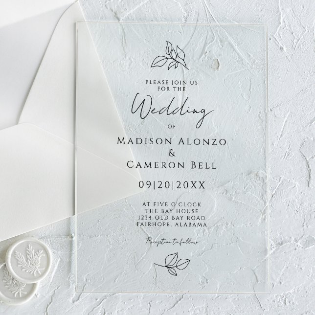 Romantic Calligraphy Classic Modern Acrylic Invitations (Elegant Wedding Botanical Leaves Black & White Acrylic Invitations)