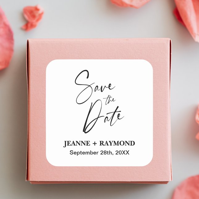 Romantic Calligraphy Custom Wedding Save the Date Square Sticker (Romantic calligraphy save the date sticker adds personalized elegance to wedding mailings.)