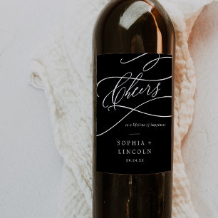 Romantic Calligraphy Dark Black Cheers Wedding Wine Label