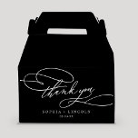 Romantic Calligraphy Dark Black Thank You Wedding Favor Boxes<br><div class="desc">This romantic calligraphy dark black thank you wedding favor box is perfect for a simple wedding reception. The modern classic design features fancy swirls and whimsical flourishes with gorgeous elegant hand lettered typography. Personalize the boxes with your names, the event (if applicable), and the date. These favor boxes can be...</div>