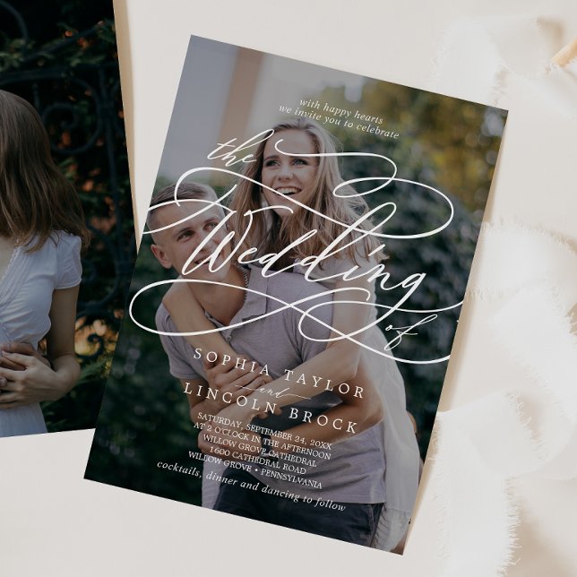 Romantic Calligraphy Dark Photo Flourish Wedding Invitation (Creator Uploaded)