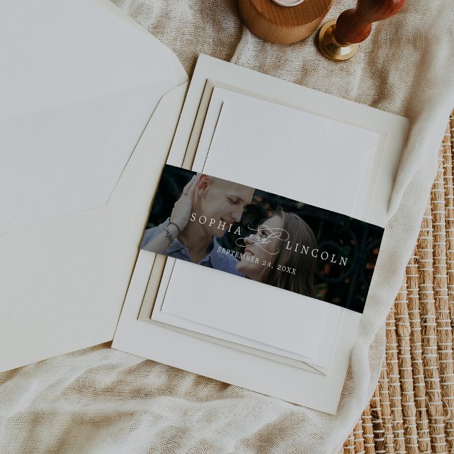 Romantic Calligraphy Dark Photo Overlay Wedding Invitation Belly Band (Creator Uploaded)