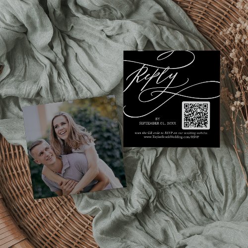 Romantic Calligraphy Dark Photo QR Code RSVP Enclosure Card