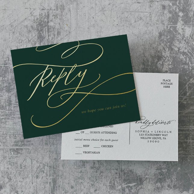 Romantic Calligraphy Emerald Gold Foil Meal RSVP Invitation Postcard (Romantic Calligraphy Emerald Gold Foil Meal RSVP Foil Invitation Postcard)