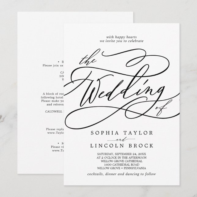 Romantic Calligraphy | Flourish All In One Wedding Invitation (Front/Back)