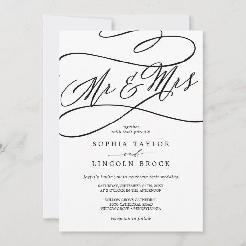 Romantic Calligraphy  Flourish Mr  Mrs Wedding Invitation