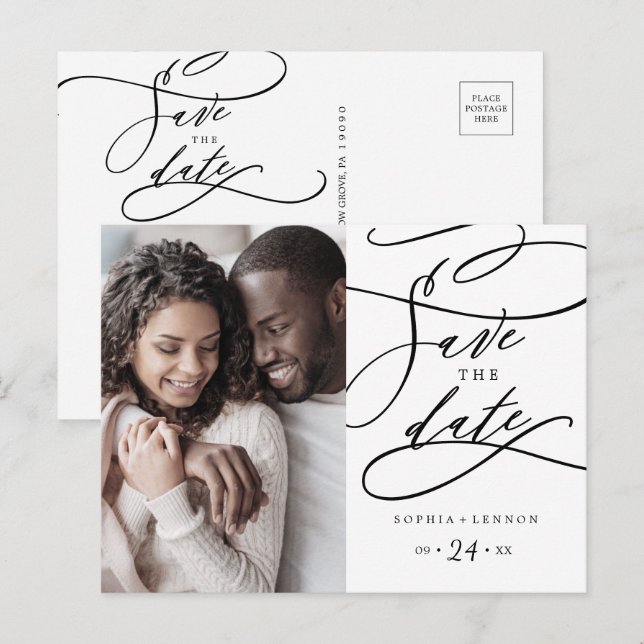Romantic Calligraphy Flourish Photo Save the Date Invitation Postcard (Front/Back)