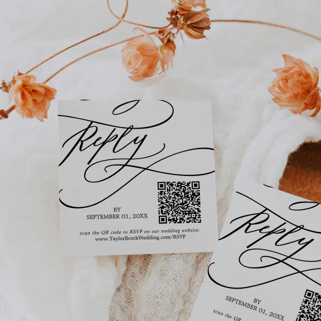 Romantic Calligraphy Flourish QR Code Wedding RSVP Note Card | Zazzle