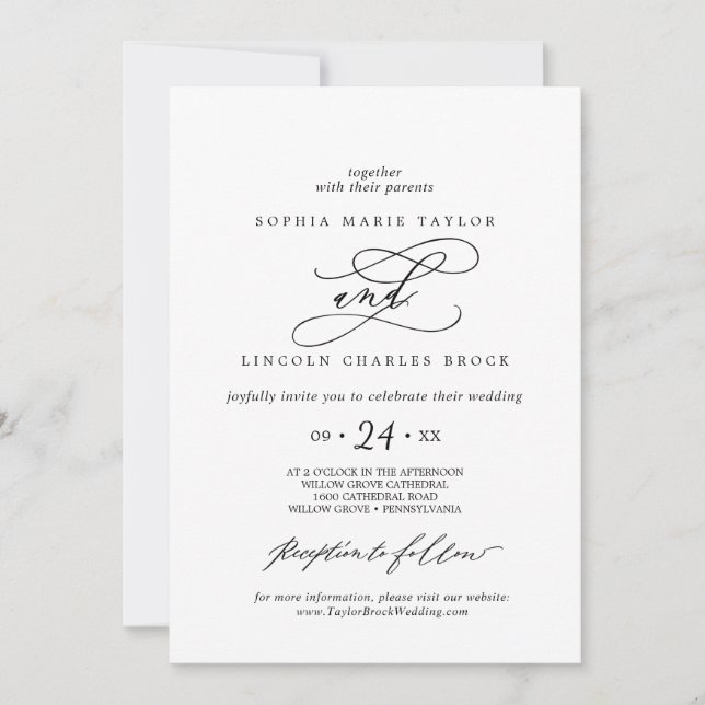 Romantic Calligraphy | Full Names Flourish Wedding Invitation (Front)