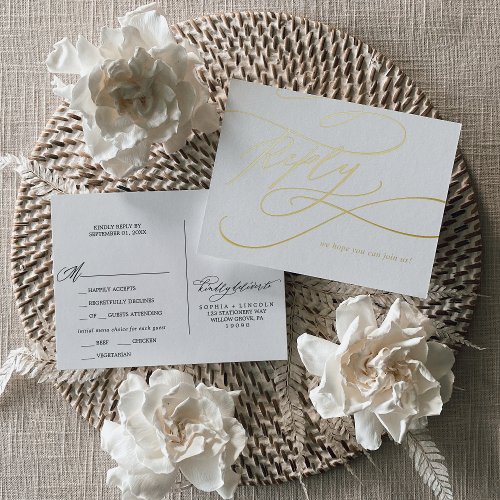Romantic Calligraphy Gold Foil Meal Option RSVP Foil Invitation Postcard